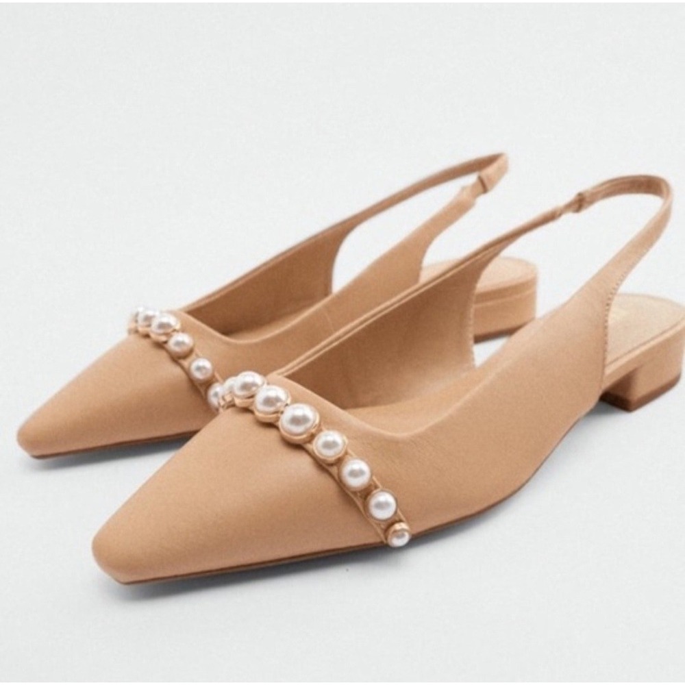 Zara Beige Pearl Embellished Pointed Toe Slingback Flats Shoes Size 40 NEW